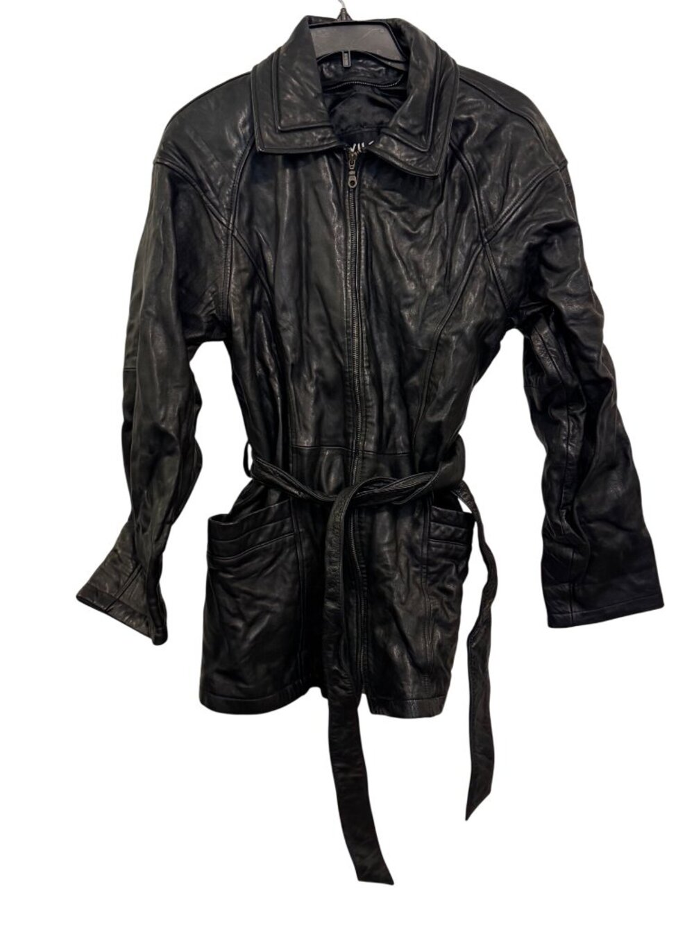 Wilsons Womens Black Leather Jacket L With Belted Waist & Pockets